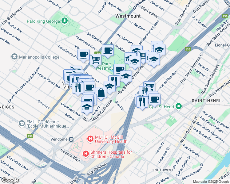 map of restaurants, bars, coffee shops, grocery stores, and more near 200 Lansdowne Avenue in Westmount