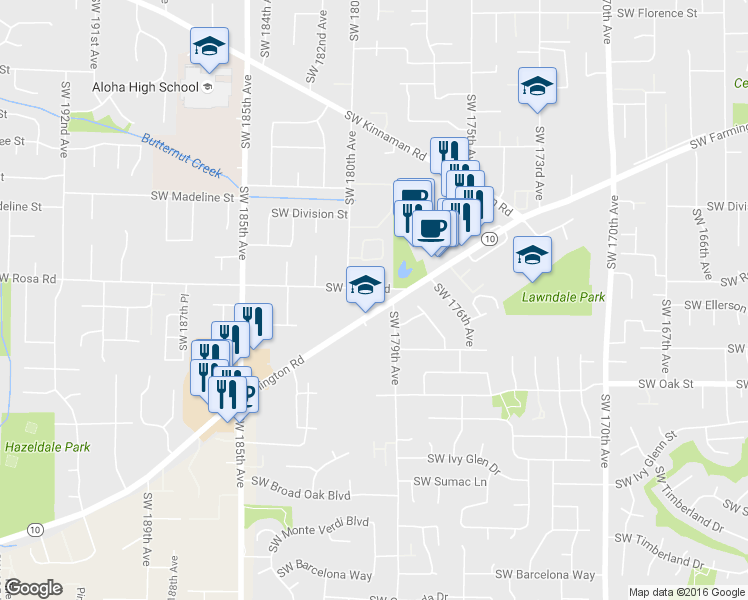 map of restaurants, bars, coffee shops, grocery stores, and more near 17935 Southwest Farmington Road in Beaverton