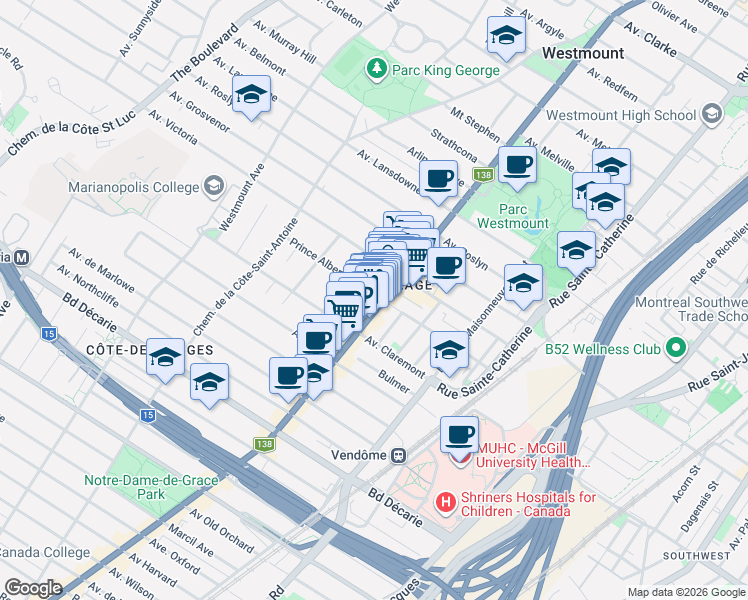 map of restaurants, bars, coffee shops, grocery stores, and more near 4895 Rue Sherbrooke Ouest in Westmount