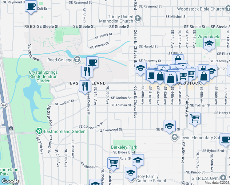 map of restaurants, bars, coffee shops, grocery stores, and more near 3646 Southeast Martins Street in Portland