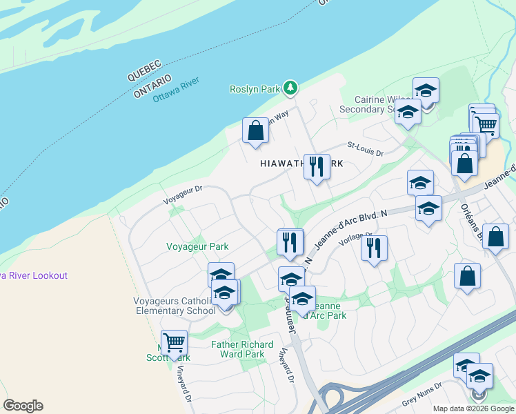 map of restaurants, bars, coffee shops, grocery stores, and more near 6191 Ravine Way in Ottawa