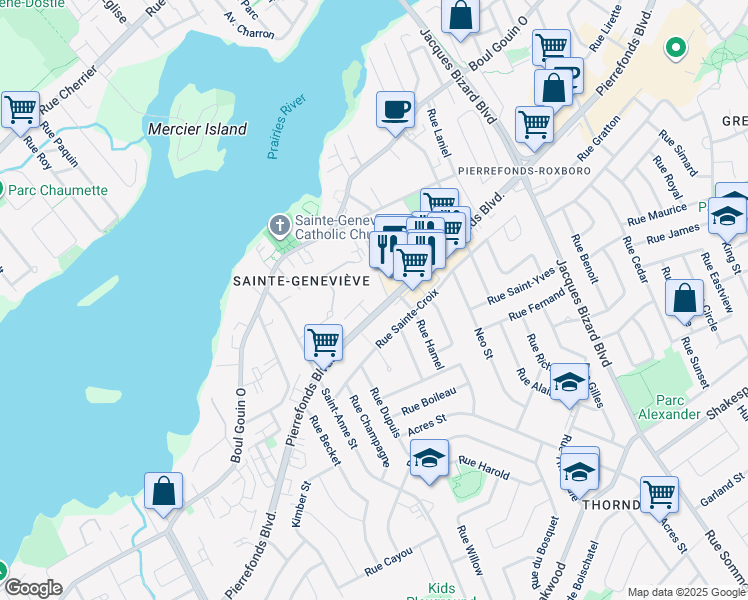 map of restaurants, bars, coffee shops, grocery stores, and more near 15905 Boulevard de Pierrefonds in Montréal