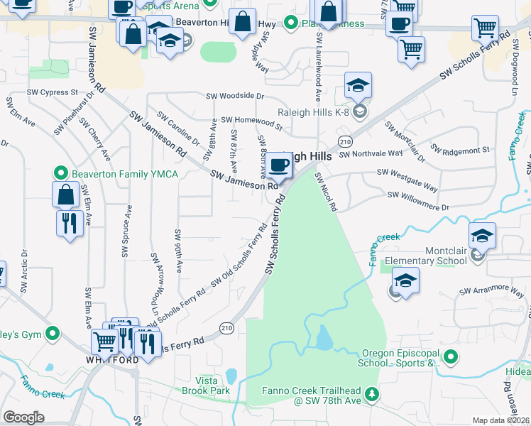 map of restaurants, bars, coffee shops, grocery stores, and more near 5745 Southwest Old Scholls Ferry Road in Portland