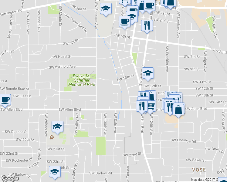 map of restaurants, bars, coffee shops, grocery stores, and more near 5700 Southwest Taralynn Avenue in Beaverton