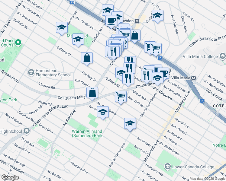 map of restaurants, bars, coffee shops, grocery stores, and more near 5725 Chemin de la Côte Saint Luc in Hampstead