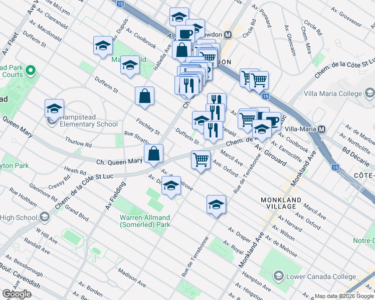map of restaurants, bars, coffee shops, grocery stores, and more near 5725 Chemin de la Côte Saint Luc in Montréal