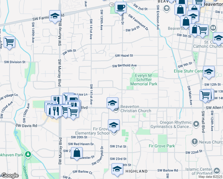 map of restaurants, bars, coffee shops, grocery stores, and more near 13790 Southwest Bonnie Brae Street in Beaverton