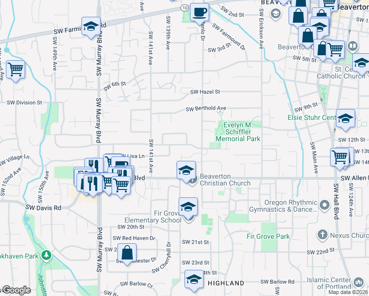 map of restaurants, bars, coffee shops, grocery stores, and more near 13790 Southwest Bonnie Brae Street in Beaverton
