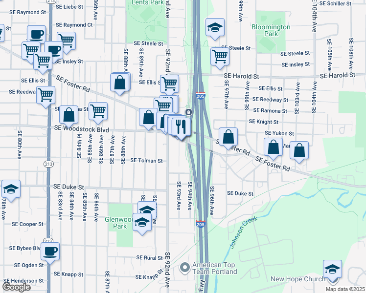 map of restaurants, bars, coffee shops, grocery stores, and more near 6107 Southeast 93rd Avenue in Portland