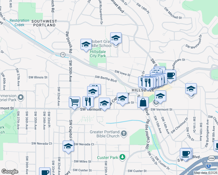 map of restaurants, bars, coffee shops, grocery stores, and more near 2310 Southwest Bertha Boulevard in Portland