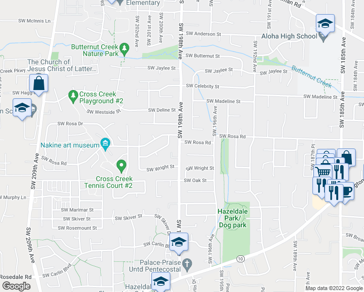 map of restaurants, bars, coffee shops, grocery stores, and more near 19790 Southwest Rosa Road in Aloha