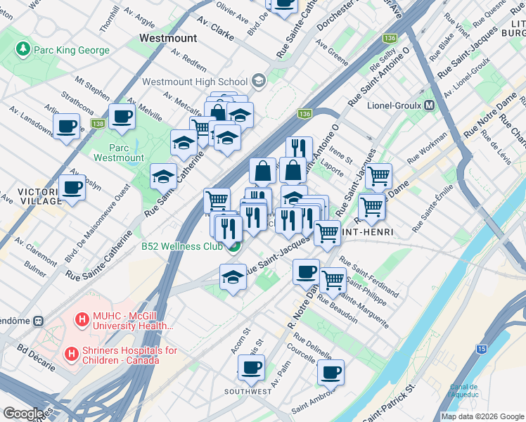 map of restaurants, bars, coffee shops, grocery stores, and more near 928 Rue Saint-Ferdinand in Montreal