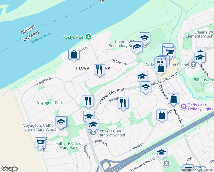 map of restaurants, bars, coffee shops, grocery stores, and more near 6301 Paddler Way in Ottawa