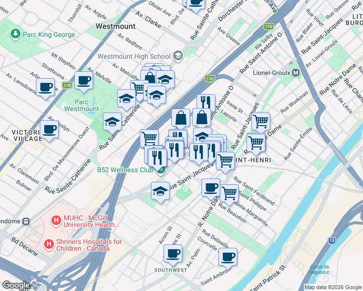 map of restaurants, bars, coffee shops, grocery stores, and more near 928 Rue Saint-Ferdinand in Montreal