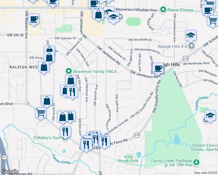 map of restaurants, bars, coffee shops, grocery stores, and more near 5770 Southwest Arrow-Wood Lane in Portland
