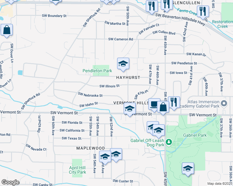 map of restaurants, bars, coffee shops, grocery stores, and more near 5135 Southwest Nebraska Street in Portland