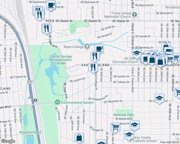 map of restaurants, bars, coffee shops, grocery stores, and more near 3131 Southeast Martins Street in Portland