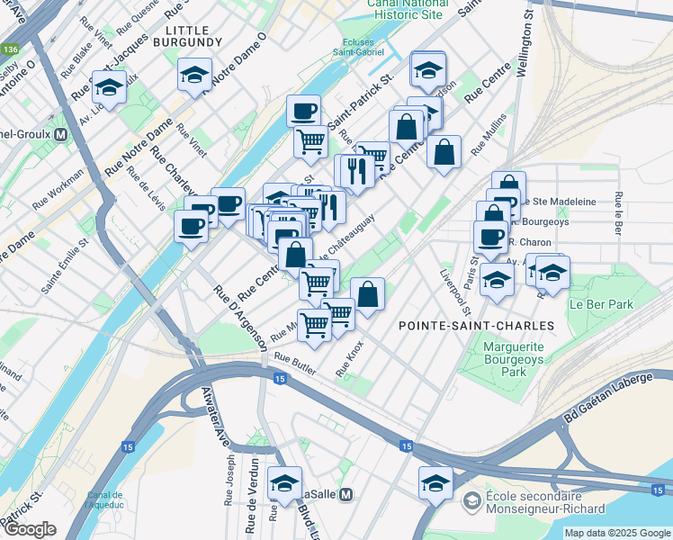 map of restaurants, bars, coffee shops, grocery stores, and more near 2447 Rue Grand Trunk in Montréal