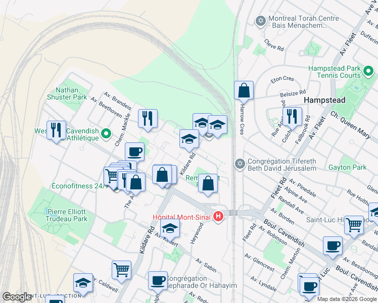 map of restaurants, bars, coffee shops, grocery stores, and more near 6565 Chemin Kildare in Côte Saint-Luc