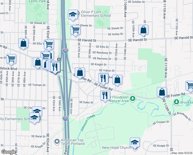 map of restaurants, bars, coffee shops, grocery stores, and more near 6044 Southeast 100th Avenue in Portland