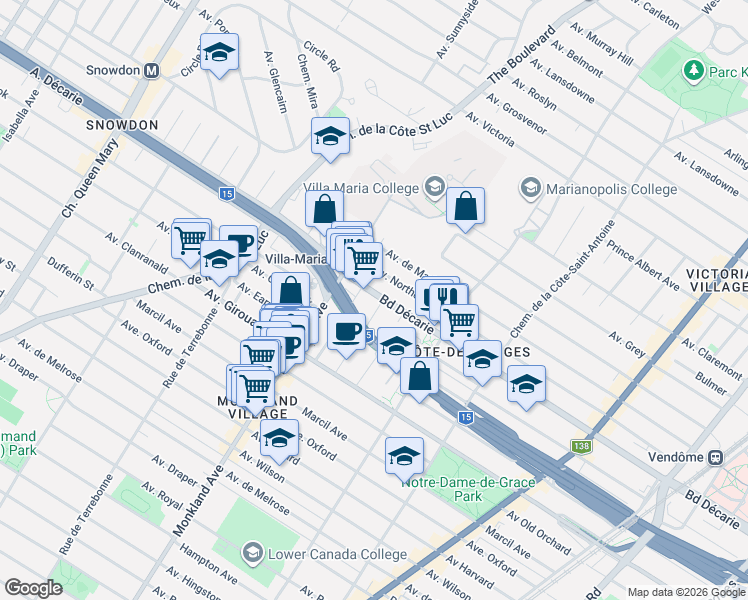 map of restaurants, bars, coffee shops, grocery stores, and more near 4176 Boulevard Décarie in Montréal