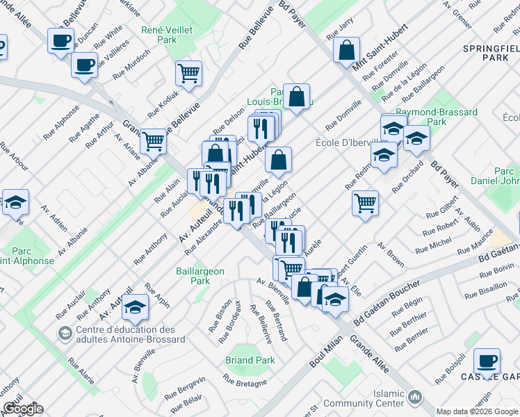 map of restaurants, bars, coffee shops, grocery stores, and more near 5427 Rue de la Légion in Longueuil