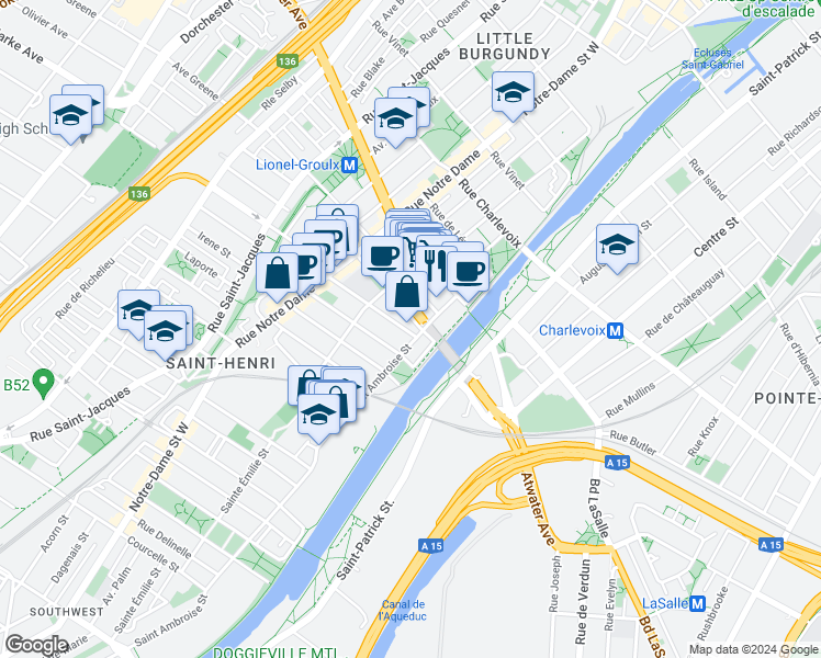 map of restaurants, bars, coffee shops, grocery stores, and more near 87 Rue Rose-de-Lima in Montréal