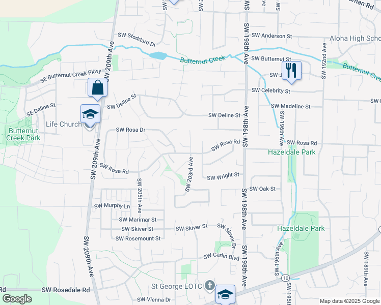map of restaurants, bars, coffee shops, grocery stores, and more near 5720 Southwest 203rd Avenue in Aloha