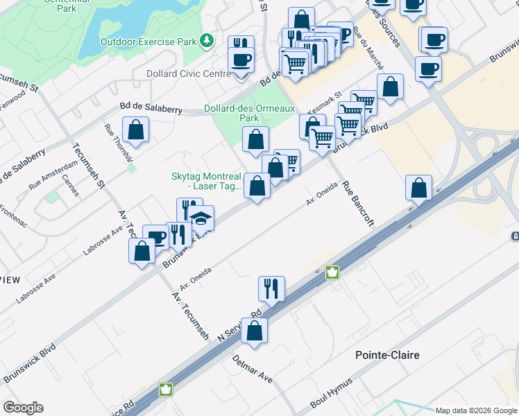 map of restaurants, bars, coffee shops, grocery stores, and more near 80 Boulevard Brunswick in Dollard-des-Ormeaux