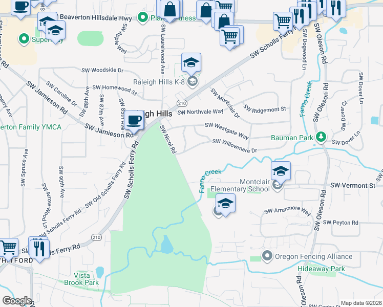 map of restaurants, bars, coffee shops, grocery stores, and more near 7980 Southwest Willowmere Drive in Portland