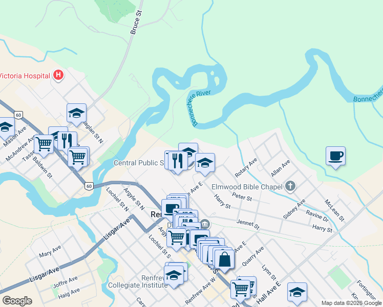 map of restaurants, bars, coffee shops, grocery stores, and more near 150 Stevenson Crescent in Renfrew
