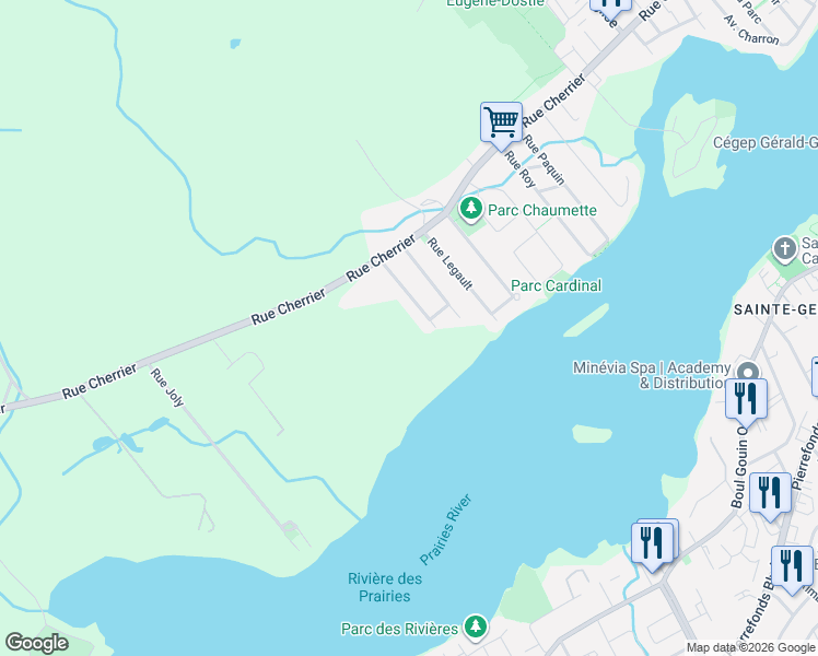 map of restaurants, bars, coffee shops, grocery stores, and more near 722 Rue Cherrier in Montréal