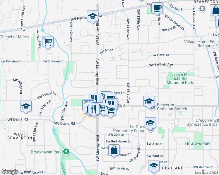 map of restaurants, bars, coffee shops, grocery stores, and more near 14350 Southwest Bonnie Brae Street in Beaverton