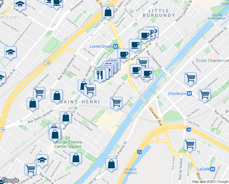 map of restaurants, bars, coffee shops, grocery stores, and more near 3705 Rue Sainte-Émilie in Montréal