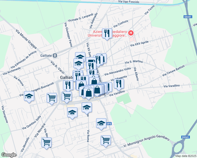 map of restaurants, bars, coffee shops, grocery stores, and more near 28 Via Murciano in Galliate