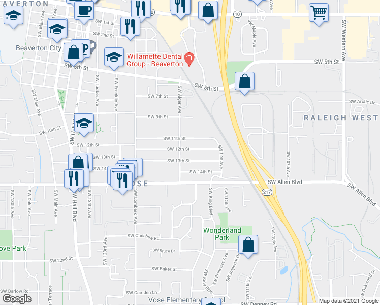 map of restaurants, bars, coffee shops, grocery stores, and more near 11550 Southwest 12th Street in Beaverton