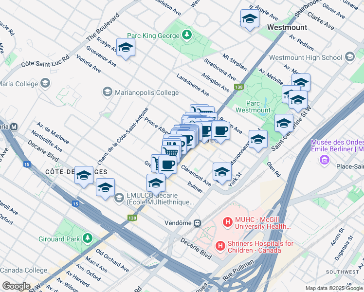 map of restaurants, bars, coffee shops, grocery stores, and more near 420 Prince Albert Avenue in Westmount