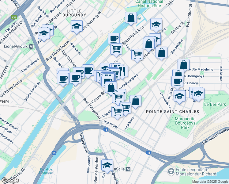 map of restaurants, bars, coffee shops, grocery stores, and more near 2523 Rue de Châteauguay in Montréal