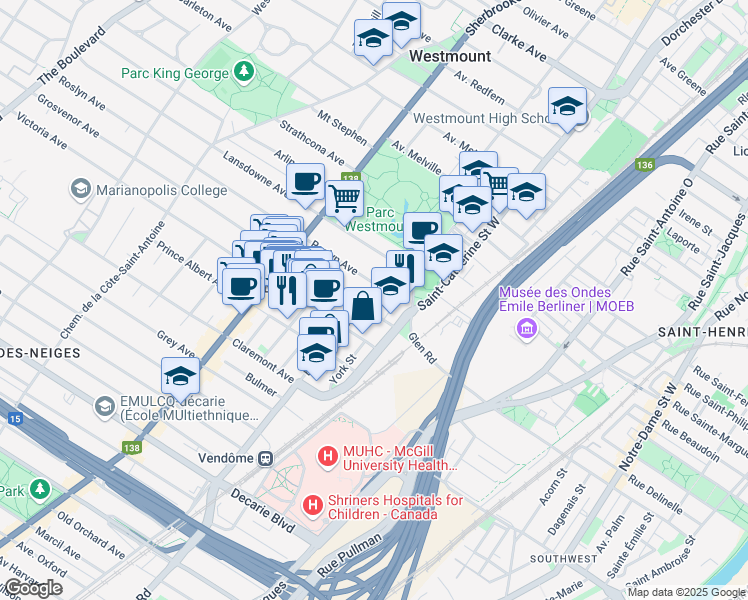map of restaurants, bars, coffee shops, grocery stores, and more near 4820 Boulevard de Maisonneuve Ouest in Westmount