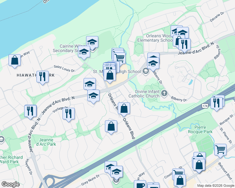 map of restaurants, bars, coffee shops, grocery stores, and more near 6463 Colony Square in Ottawa