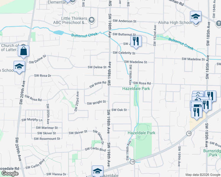 map of restaurants, bars, coffee shops, grocery stores, and more near 19790 Southwest Rosa Road in Aloha