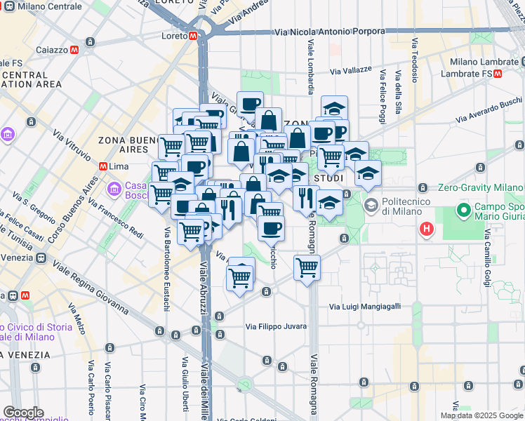 map of restaurants, bars, coffee shops, grocery stores, and more near 24 Via Enrico Nöe in Milano