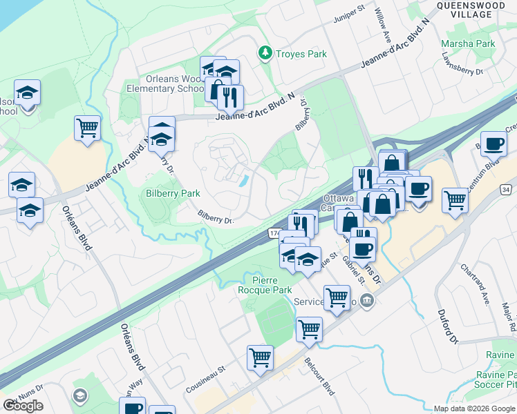 map of restaurants, bars, coffee shops, grocery stores, and more near in Ottawa