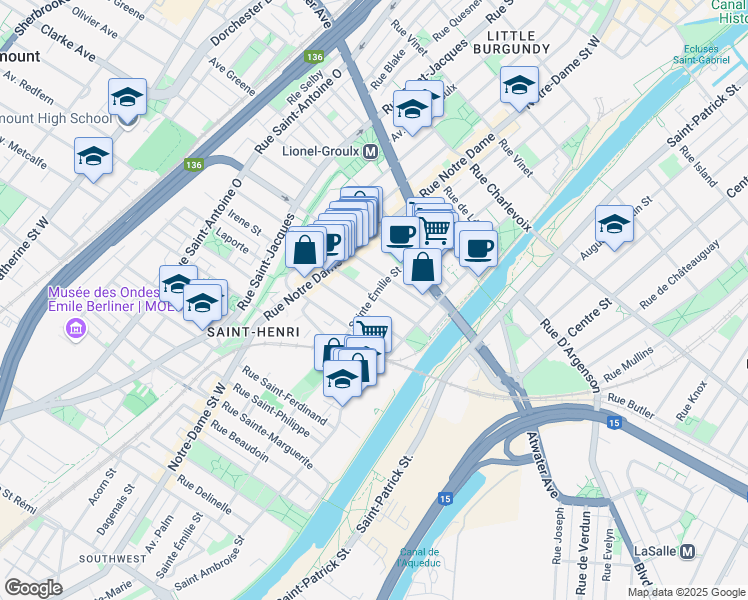 map of restaurants, bars, coffee shops, grocery stores, and more near 3702 Rue Sainte Émilie in Montréal