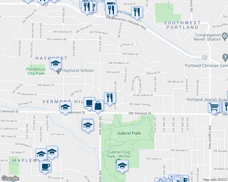 map of restaurants, bars, coffee shops, grocery stores, and more near 6421 Southwest Loop Drive in Portland