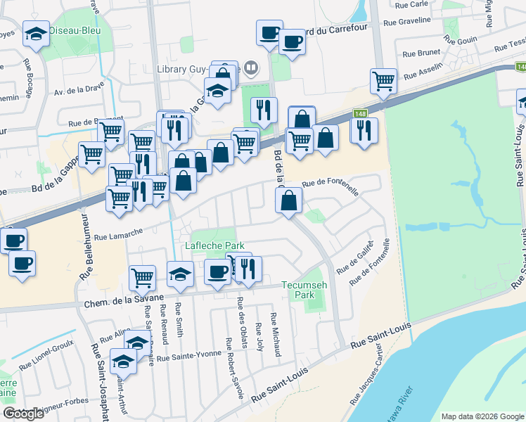 map of restaurants, bars, coffee shops, grocery stores, and more near 20 Rue de Bellefeuille in Gatineau
