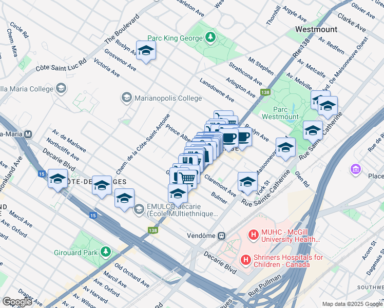 map of restaurants, bars, coffee shops, grocery stores, and more near 56 Avenue Chesterfield in Westmount
