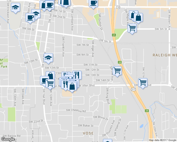 map of restaurants, bars, coffee shops, grocery stores, and more near 11670 Southwest 12th Street in Beaverton