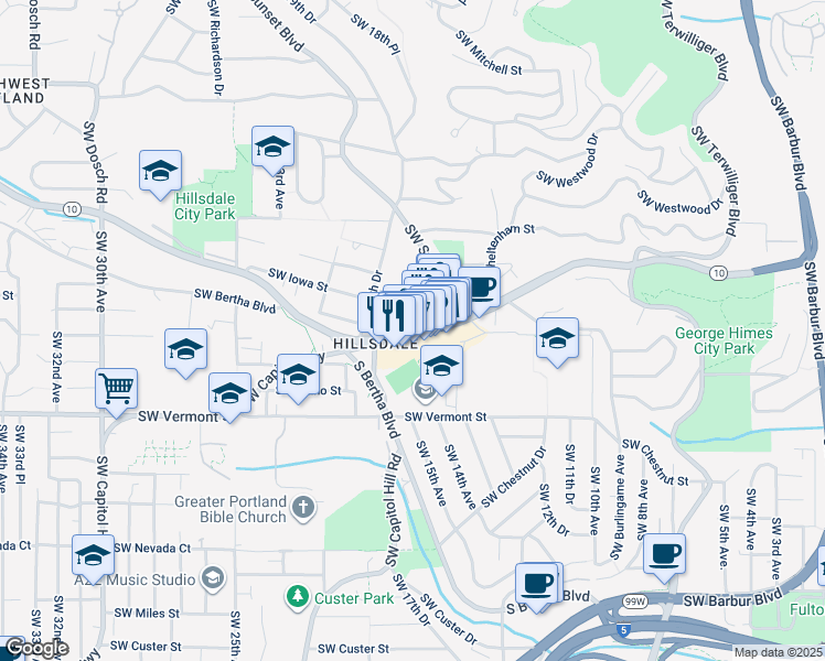 map of restaurants, bars, coffee shops, grocery stores, and more near 6351 Southwest Capitol Highway in Portland
