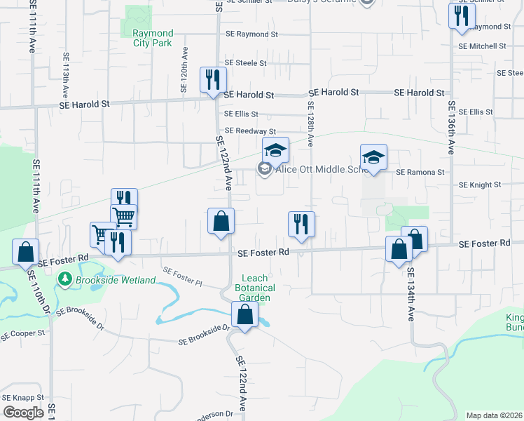 map of restaurants, bars, coffee shops, grocery stores, and more near 6038 Southeast 124th Avenue in Portland